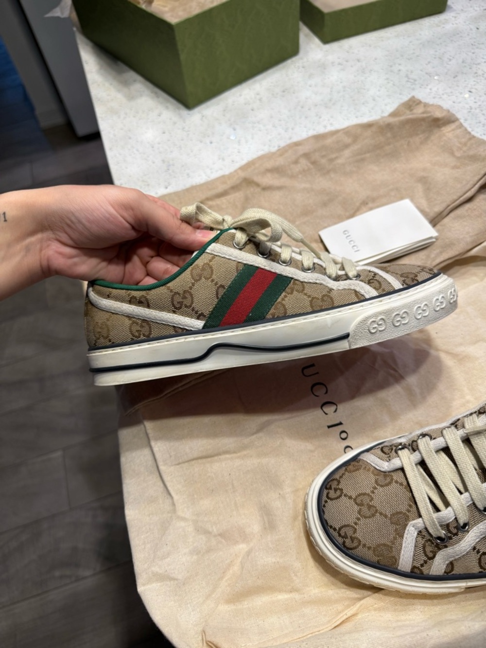 Gucci Beige Monogram Kids Sneaker with Green & Red Web Stripe - Picture 2 of 8